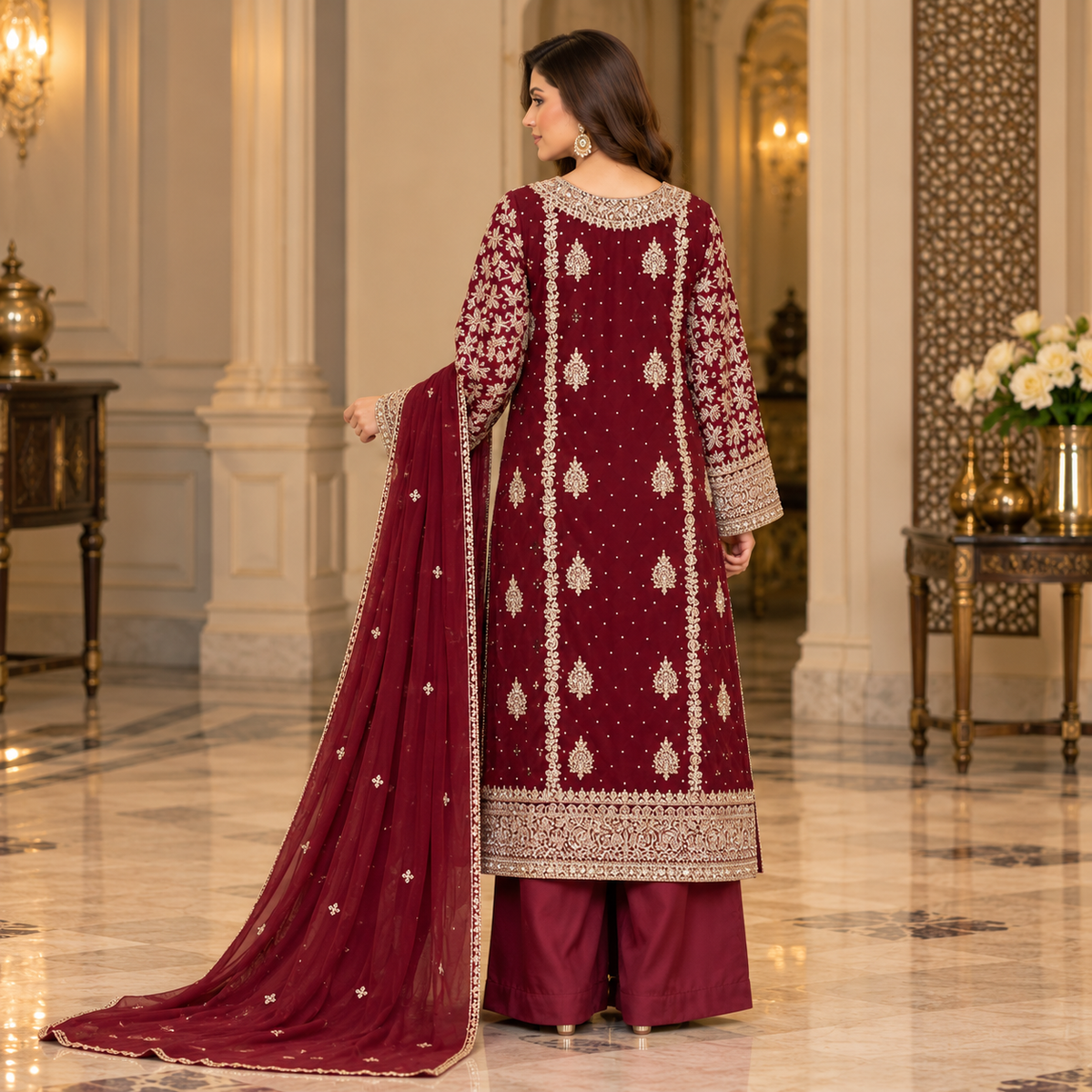 Royal Maroon Heavy Embroidered Silk Suit