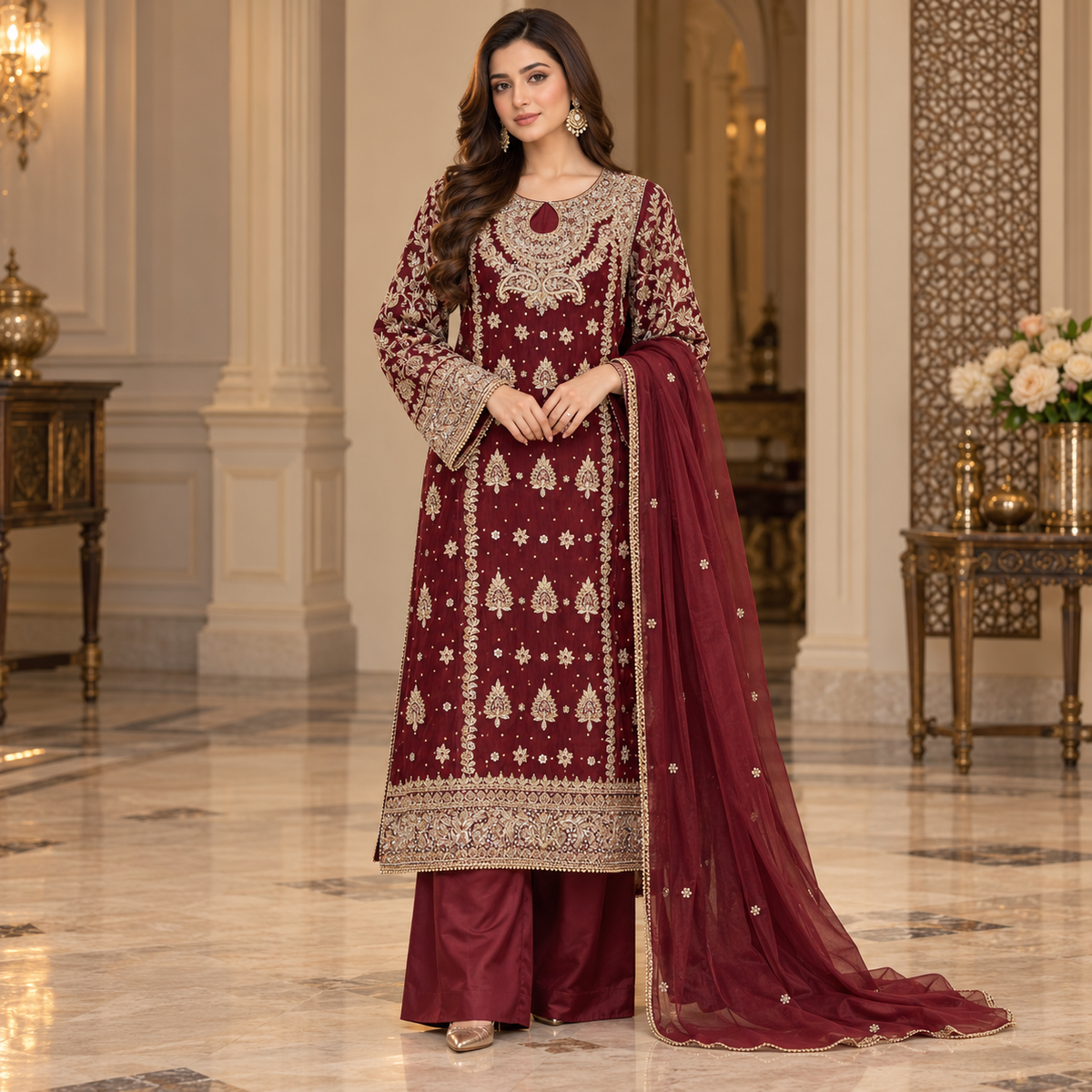 Royal Maroon Heavy Embroidered Silk Suit
