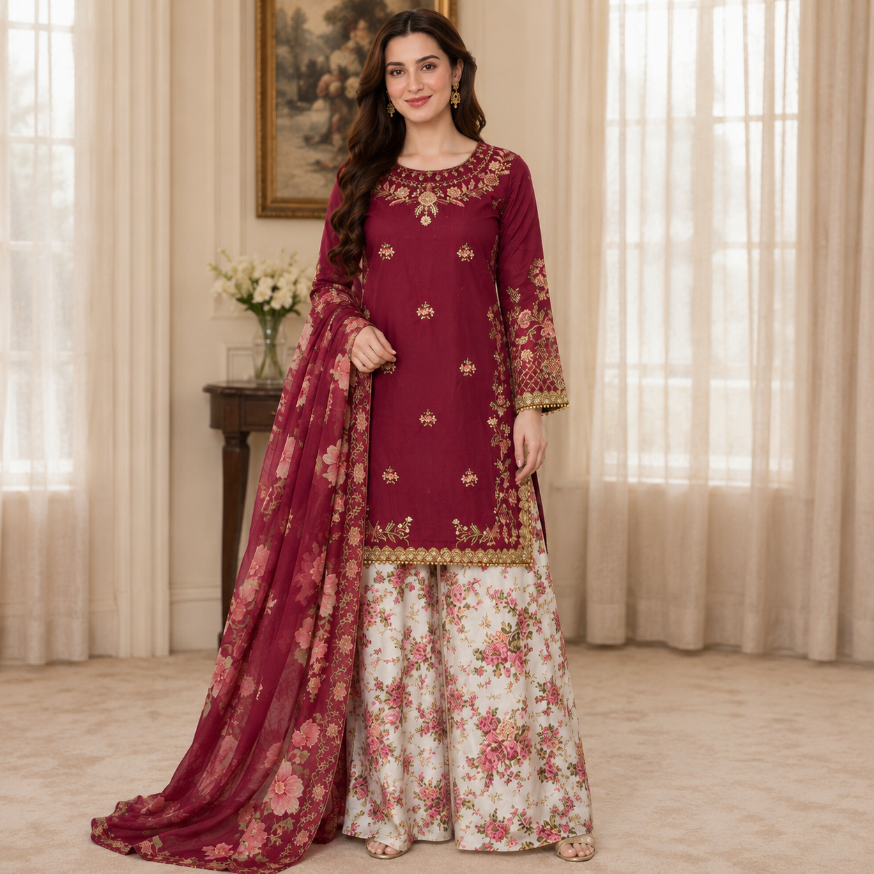 Ethnic Eid Edit Silk Mehroon